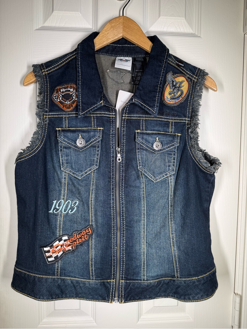 NWT Harley-Davidson Dark Blue Denim Vest with Racing Patches XL